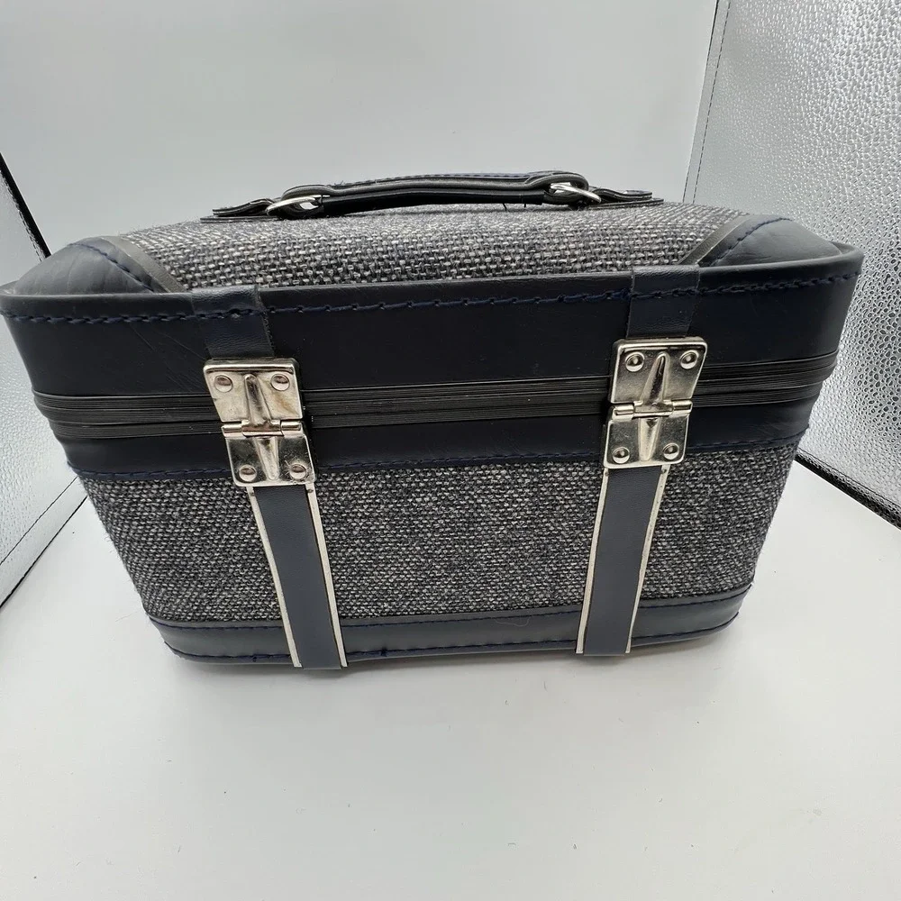Blue Tweed Cloth Vanity Train Travel Case Inside Tray Pop-up Mirror